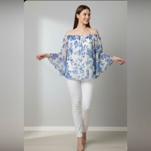 CeCe White and Blue Floral Off-Shoulder Blouse